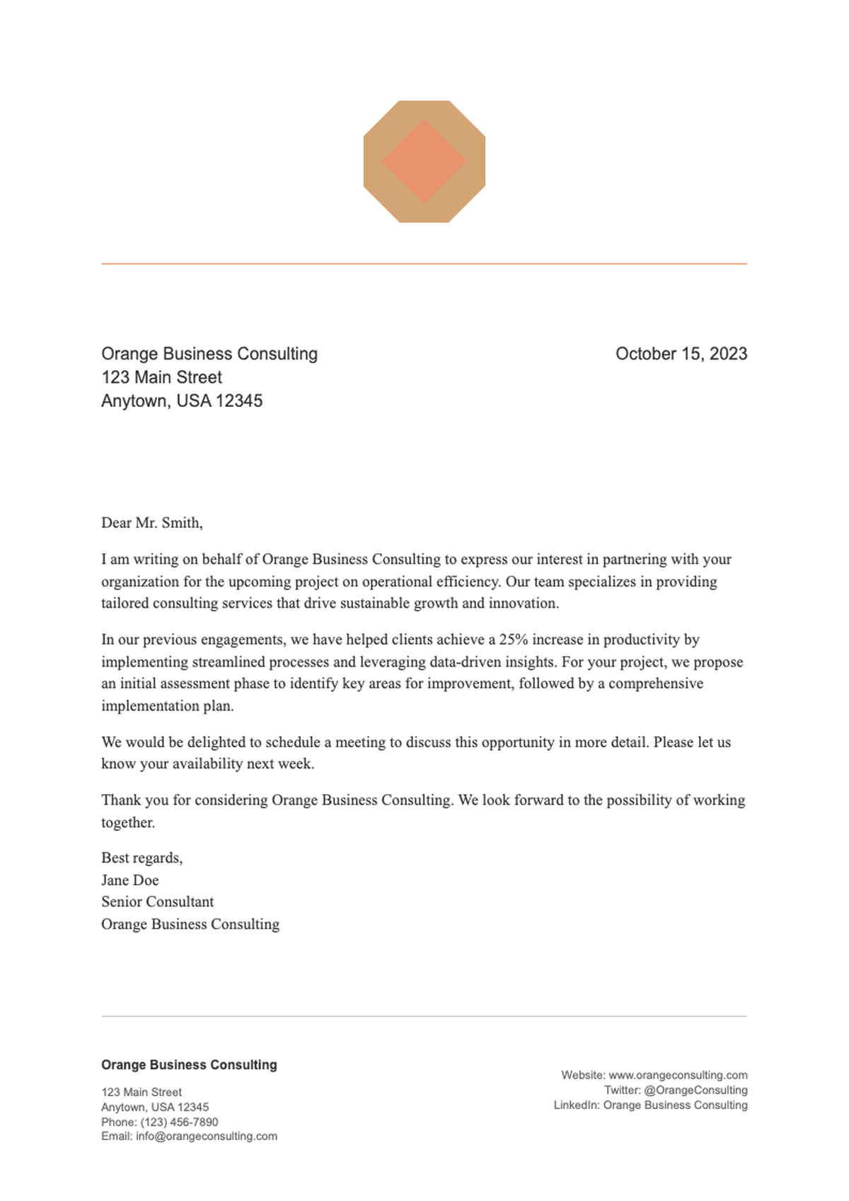 Professional business letterhead template with orange logo and footer contact details_variant_2